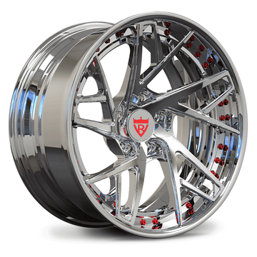 Custom forged RV-DS74 wheel, designed for Tesla Model Y, featuring a chrome finish and modern multi-spoke design.